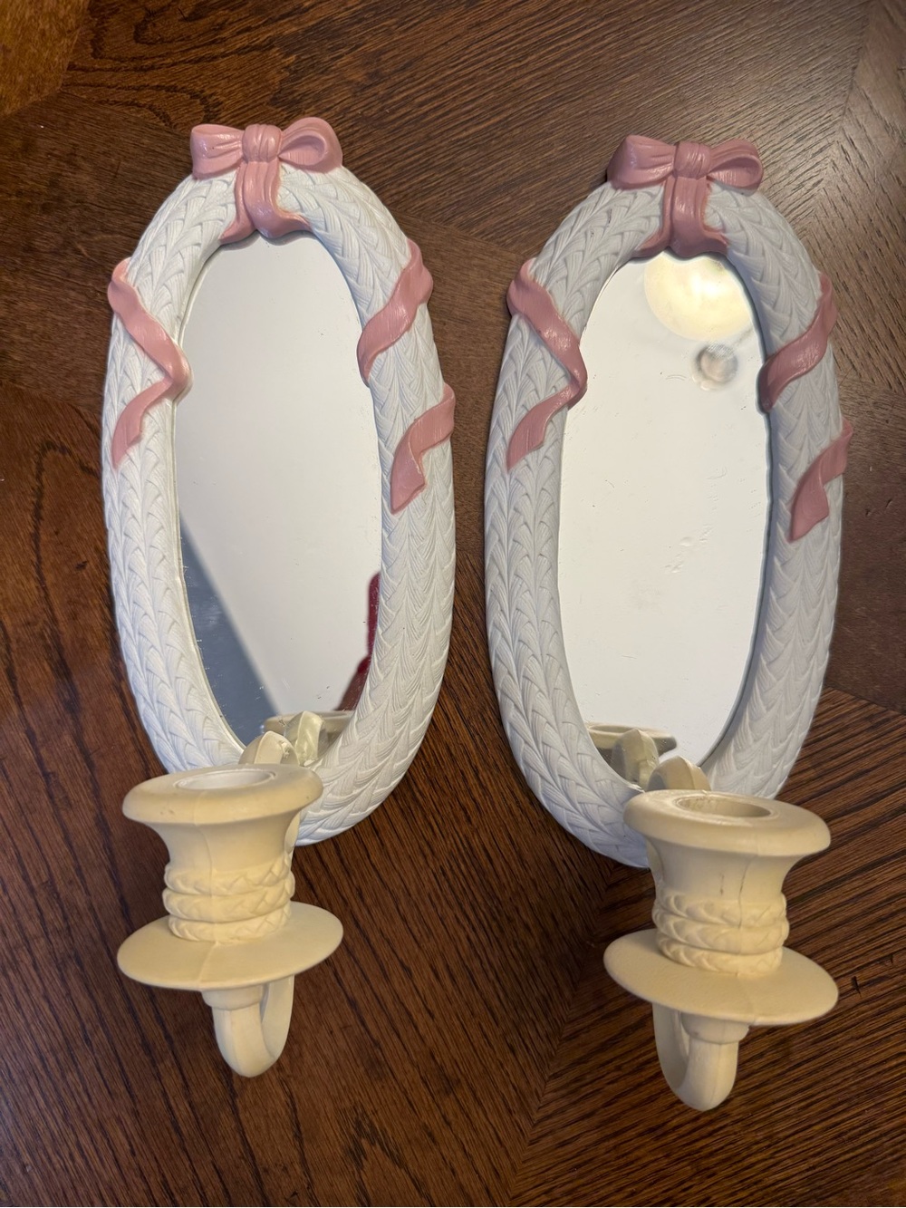 2 Vintage white Oval Wall Mirrors with Candle Holders - Pair